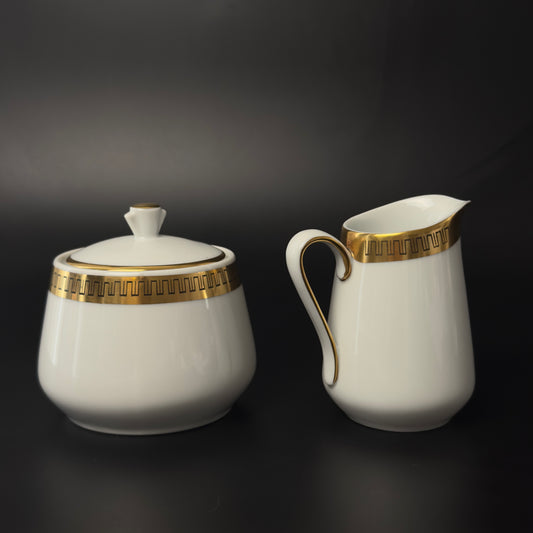 Lyngby porcelæn flødekande og sukkerskål med guldkant