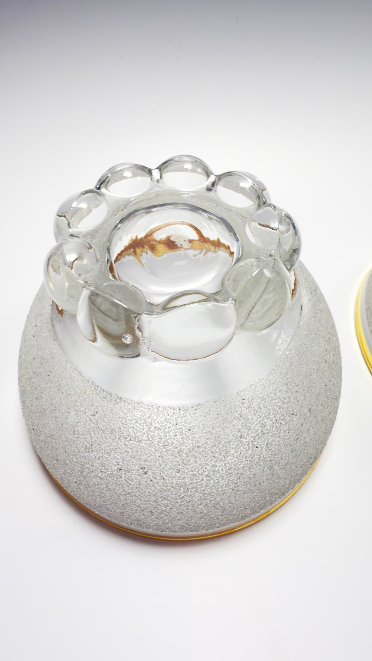 A set of vintage coupe glasses / dessert glasses with rough granulated glass surface and gold rim