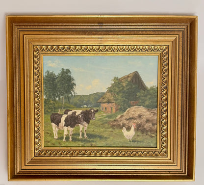 Originalt maleri af Kay Birkmose med dansk landbrugsmotiv i forgyldt ramme