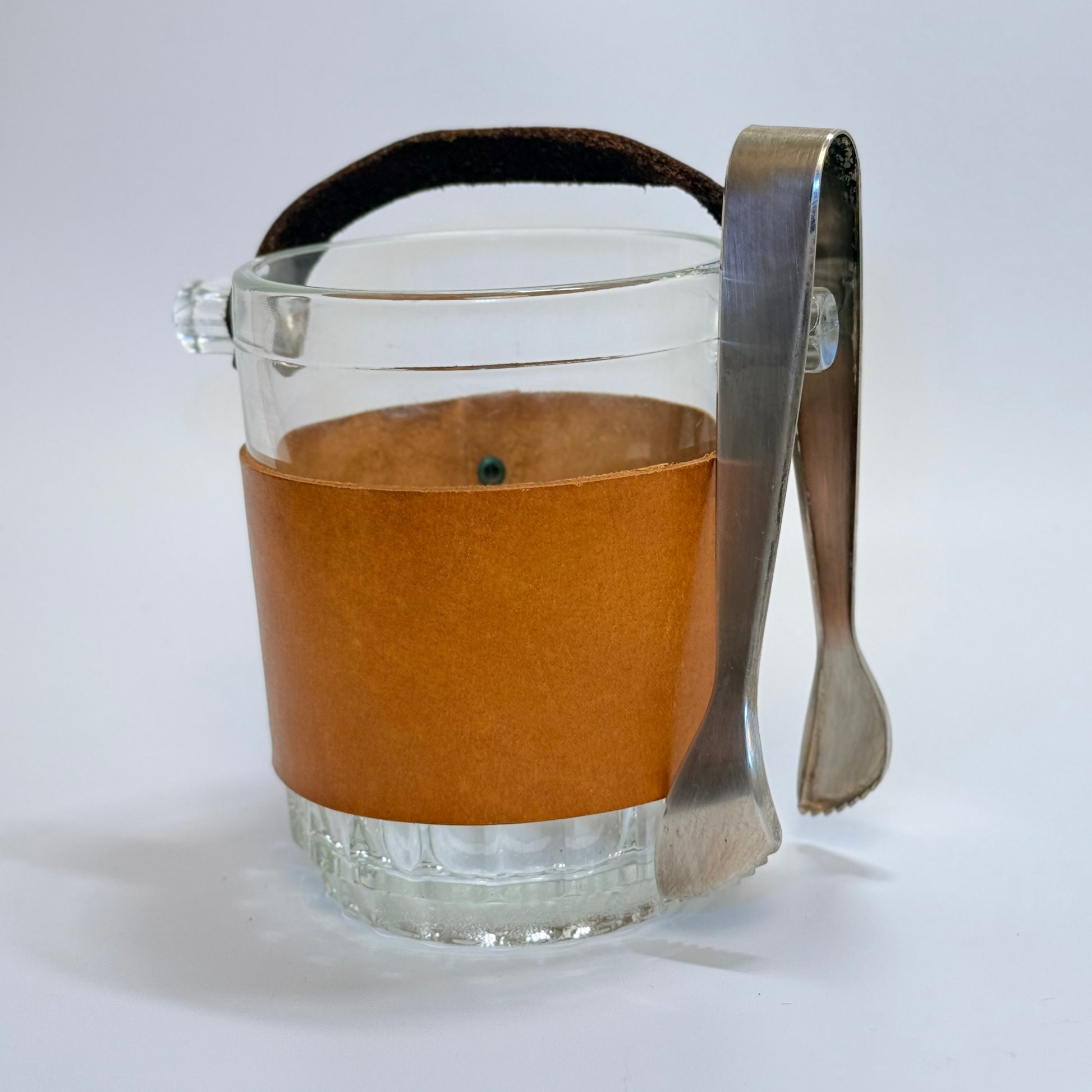 Vintage italiensk isspand i kraftigt presset glas med læder og læderhank