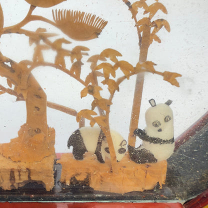 Chinese cork diorama mini carving with landscape, pagoda and panda in lacquered glass display case, San You – Made in China - from around the 1960s