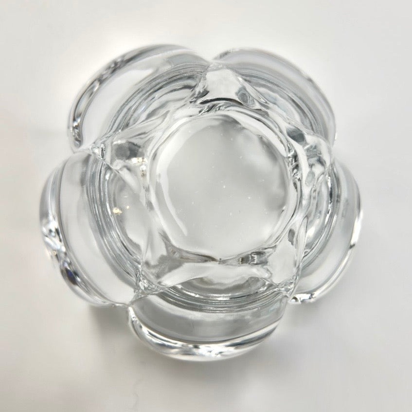 Holmegaard lotus lysestage i klart tungt glas – vintage dansk glasdesign