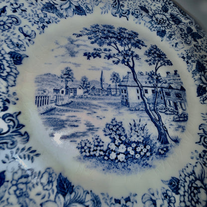 Antik engelsk fajancetallerken – blå hvid transferware fra Staffordshire ca. 1850