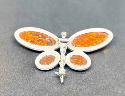 Brosche aus 925er Silber mit baltischem Bernstein – Schmetterling, Vintage