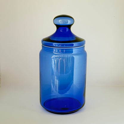 Opbevaringskrukke i koboltblåt glas med låg