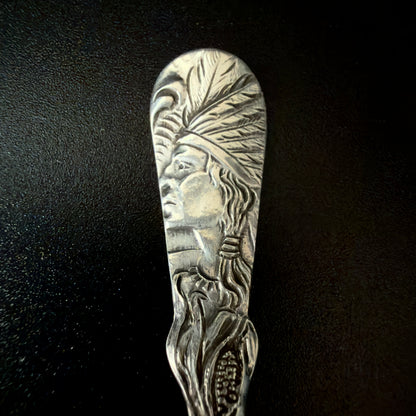 Antik souvenir teske i sterlingsølv, motiv Mount Tacoma og Native American, USA ca. 1900