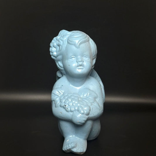 Vintage englebarn figur i keramik – lyseblå kerub