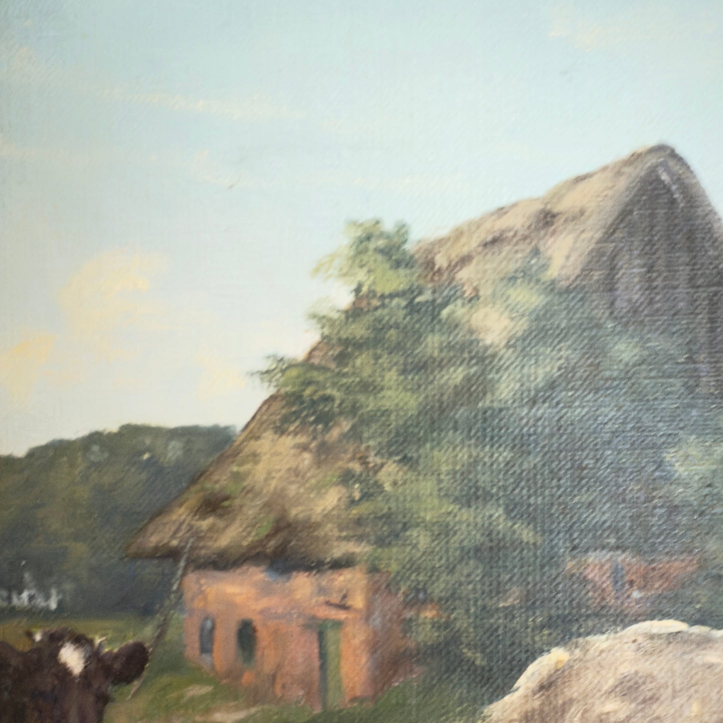 Originalt maleri af Kay Birkmose med dansk landbrugsmotiv i forgyldt ramme