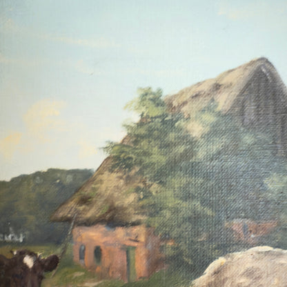 Originalt maleri af Kay Birkmose med dansk landbrugsmotiv i forgyldt ramme