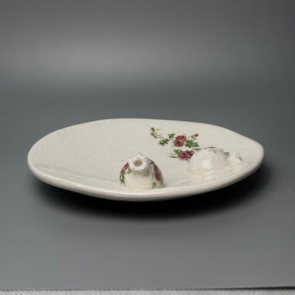 Vintage smykkefad i krakeleret fajance med rosedekor og granatæbler - midcentury