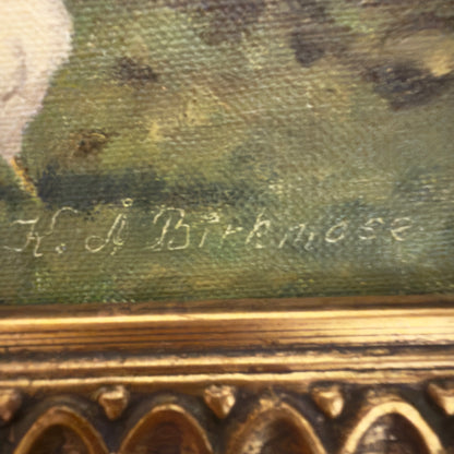 Originalt maleri af Kay Birkmose med dansk landbrugsmotiv i forgyldt ramme