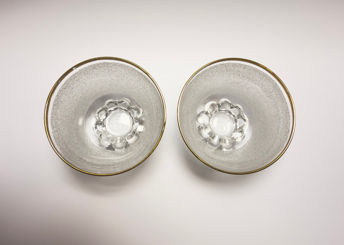 A set of vintage coupe glasses / dessert glasses with rough granulated glass surface and gold rim