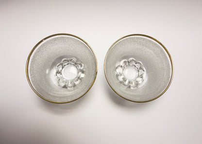 A set of vintage coupe glasses / dessert glasses with rough granulated glass surface and gold rim