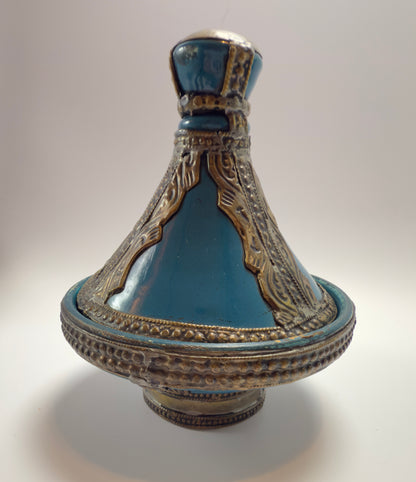 Unikt marokkansk dekorationssæt med glasflakon, miniature tajine og tekande