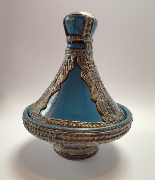 Unikt marokkansk dekorationssæt med glasflakon, miniature tajine og tekande