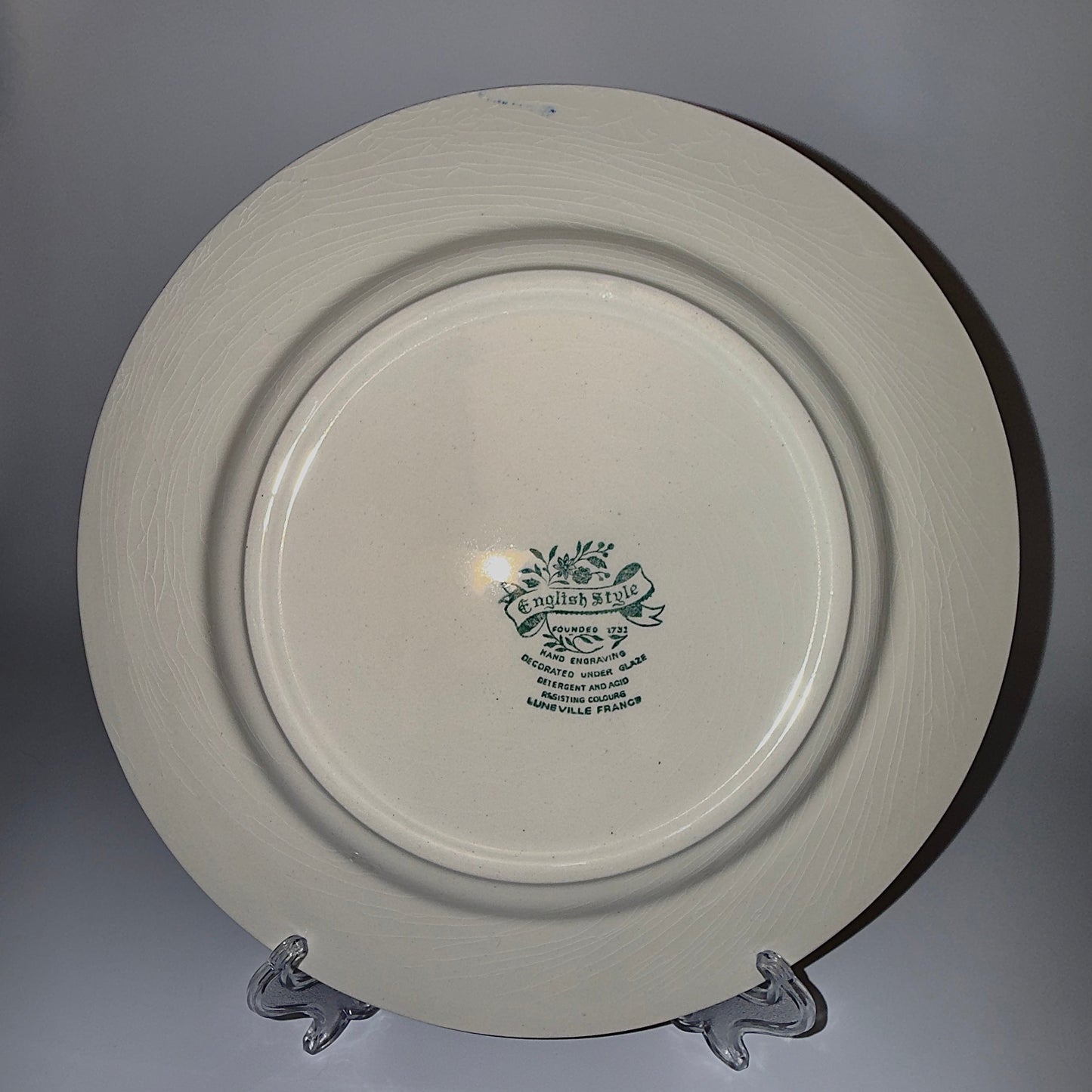 Fransk fajancetallerken – blå/hvid “English Style” Lunéville France ca. 1950–70