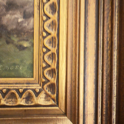 Originalt maleri af Kay Birkmose med dansk landbrugsmotiv i forgyldt ramme