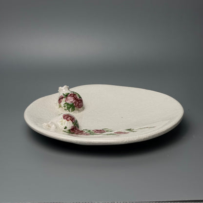 Vintage smykkefad i krakeleret fajance med rosedekor og granatæbler - midcentury