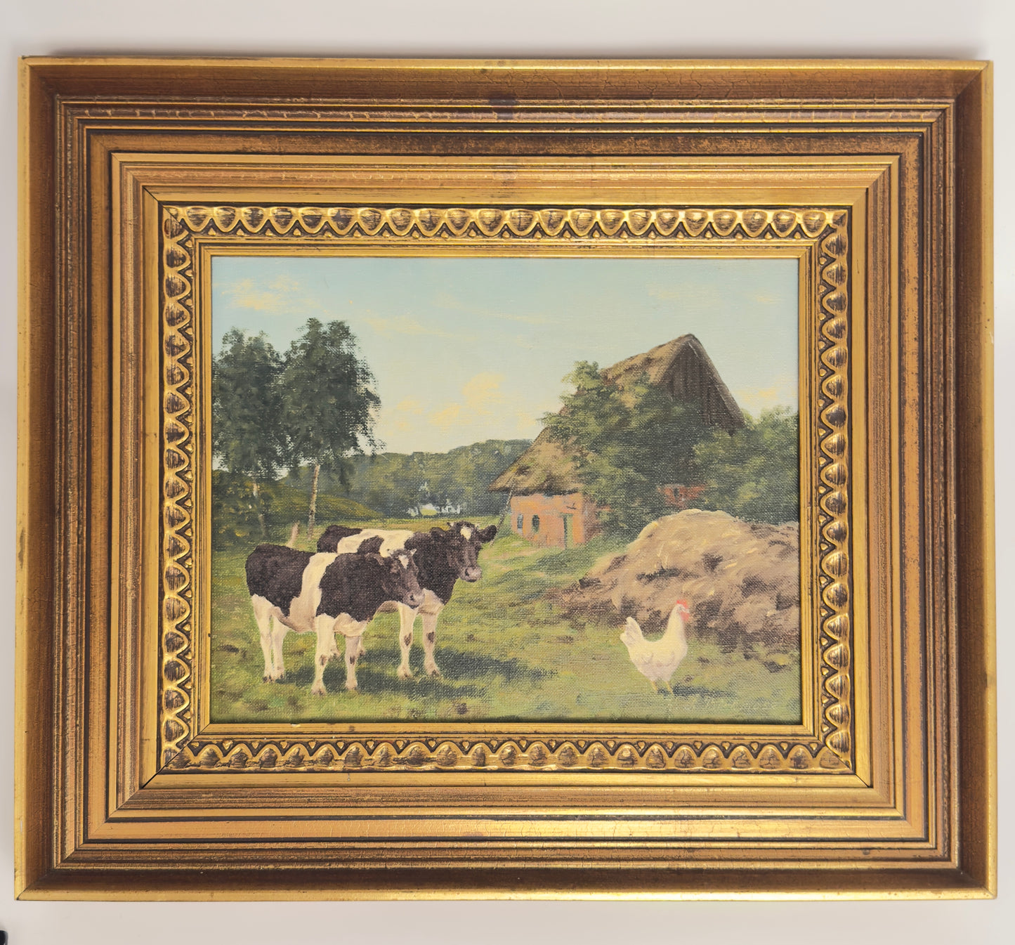 Originalt maleri af Kay Birkmose med dansk landbrugsmotiv i forgyldt ramme