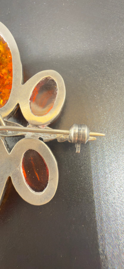 Brosche aus 925er Silber mit baltischem Bernstein – Schmetterling, Vintage