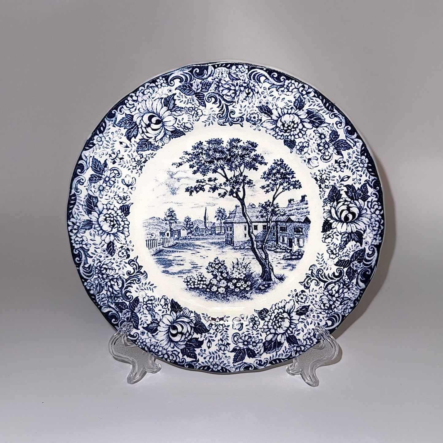 Antik engelsk fajancetallerken – blå hvid transferware fra Staffordshire ca. 1850
