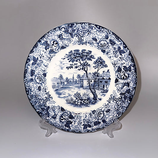 Antik engelsk fajancetallerken – blå hvid transferware fra Staffordshire ca. 1850