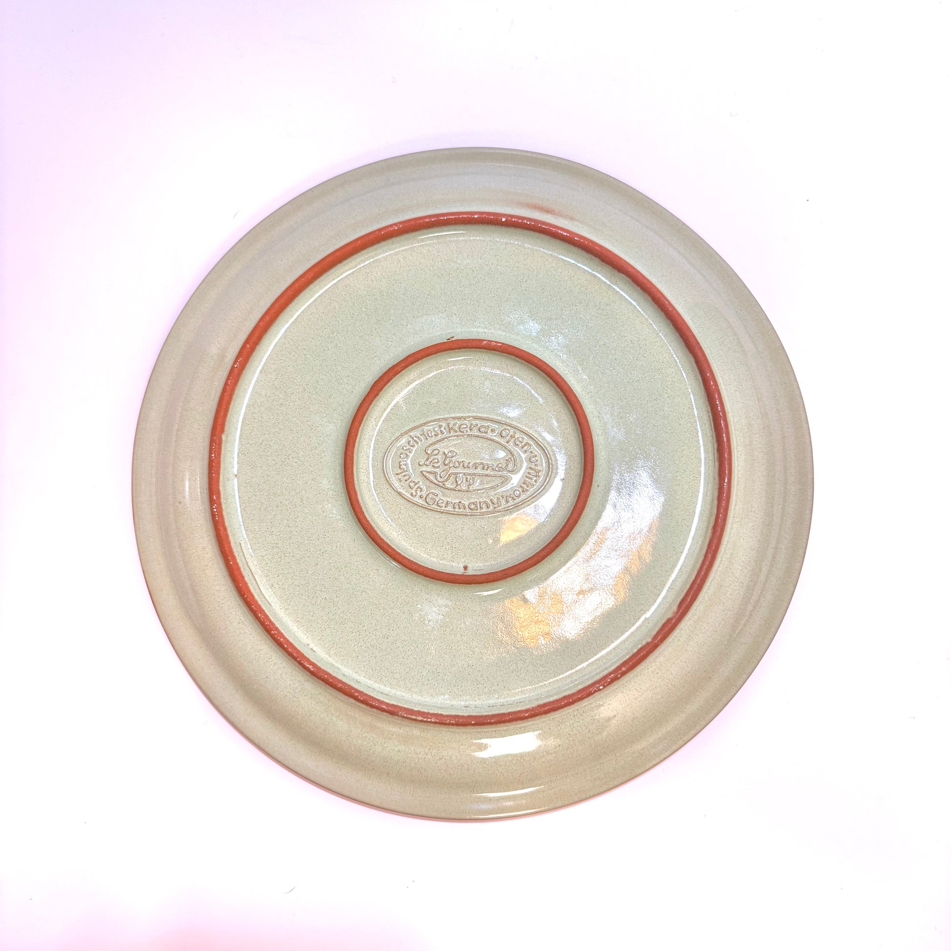 Serveringsfad med klokke i stentøj – Le Gourmet – terracotta og grøn – vintage