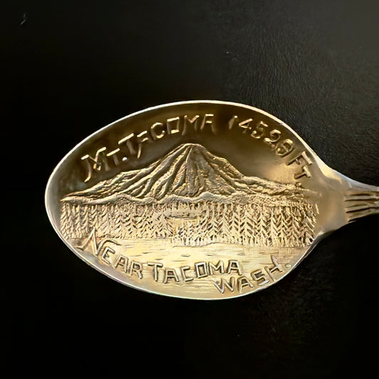 Antik souvenir teske i sterlingsølv, motiv Mount Tacoma og Native American, USA ca. 1900