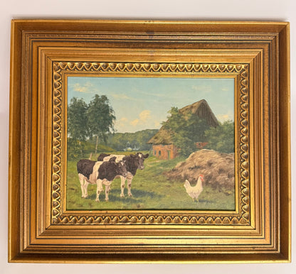 Originalt maleri af Kay Birkmose med dansk landbrugsmotiv i forgyldt ramme