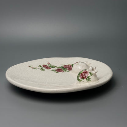 Vintage smykkefad i krakeleret fajance med rosedekor og granatæbler - midcentury
