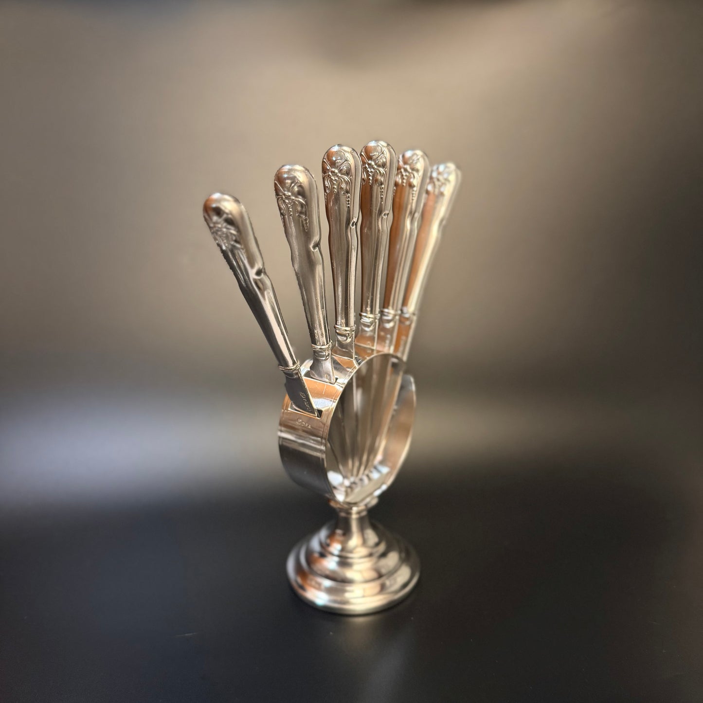 Smukt vintage sæt med frugtknive i sølvplet, D.F.A.