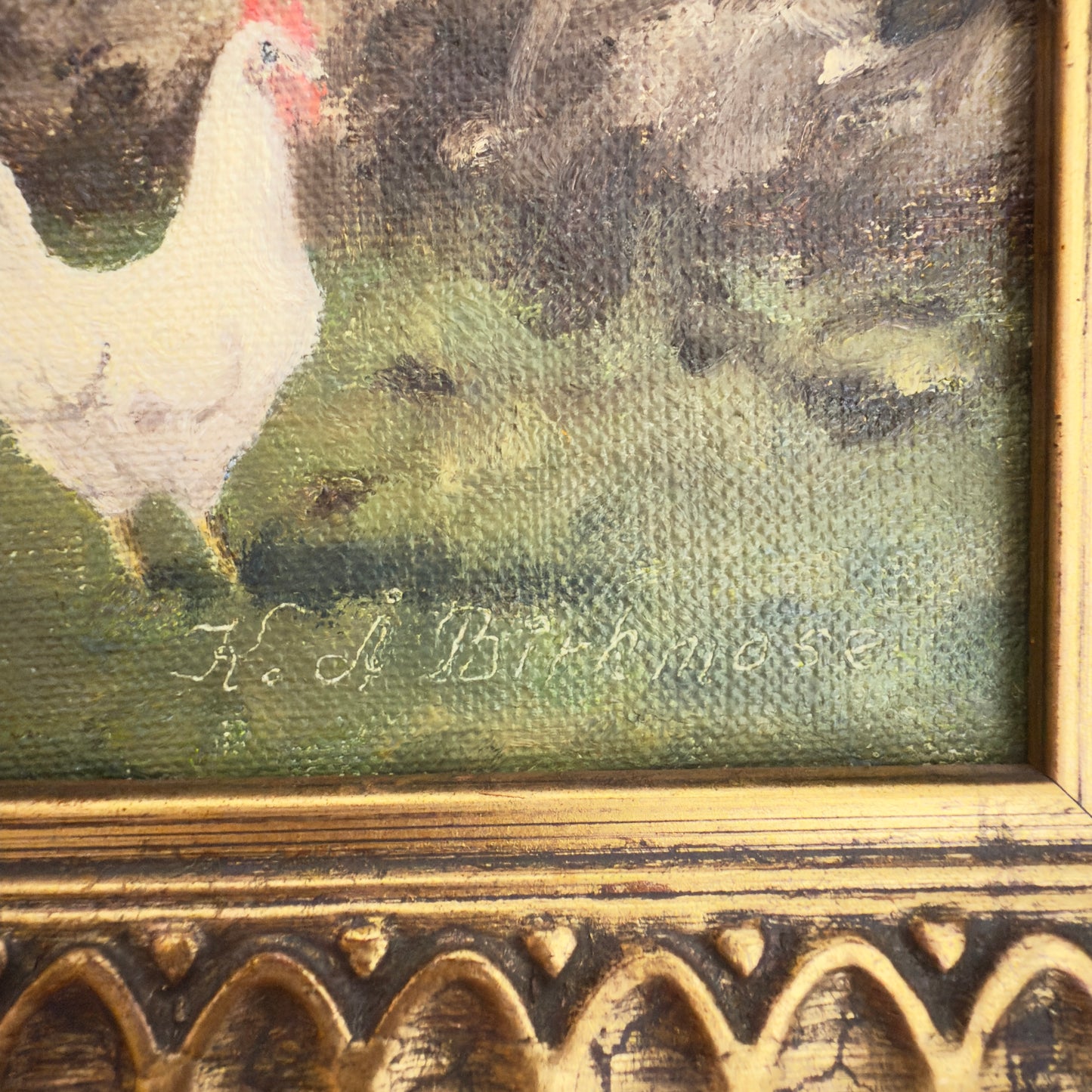 Originalt maleri af Kay Birkmose med dansk landbrugsmotiv i forgyldt ramme