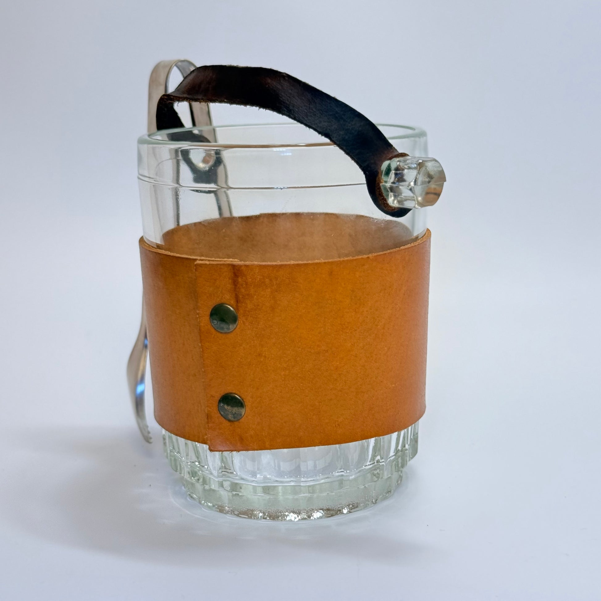 Vintage italiensk isspand i kraftigt presset glas med læder og læderhank