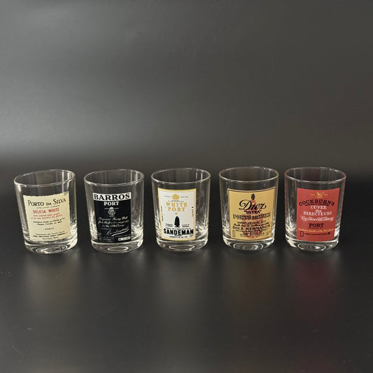 Vintage portvinsglas med tryk – lo, Barros, Cockburn’s m.fl.