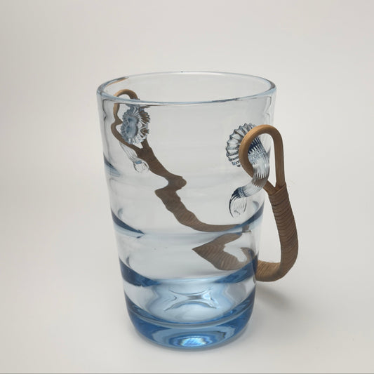 Holmegaard vintage isspand i lyseblåt glas med rattan hank, 1930-1950'erne
