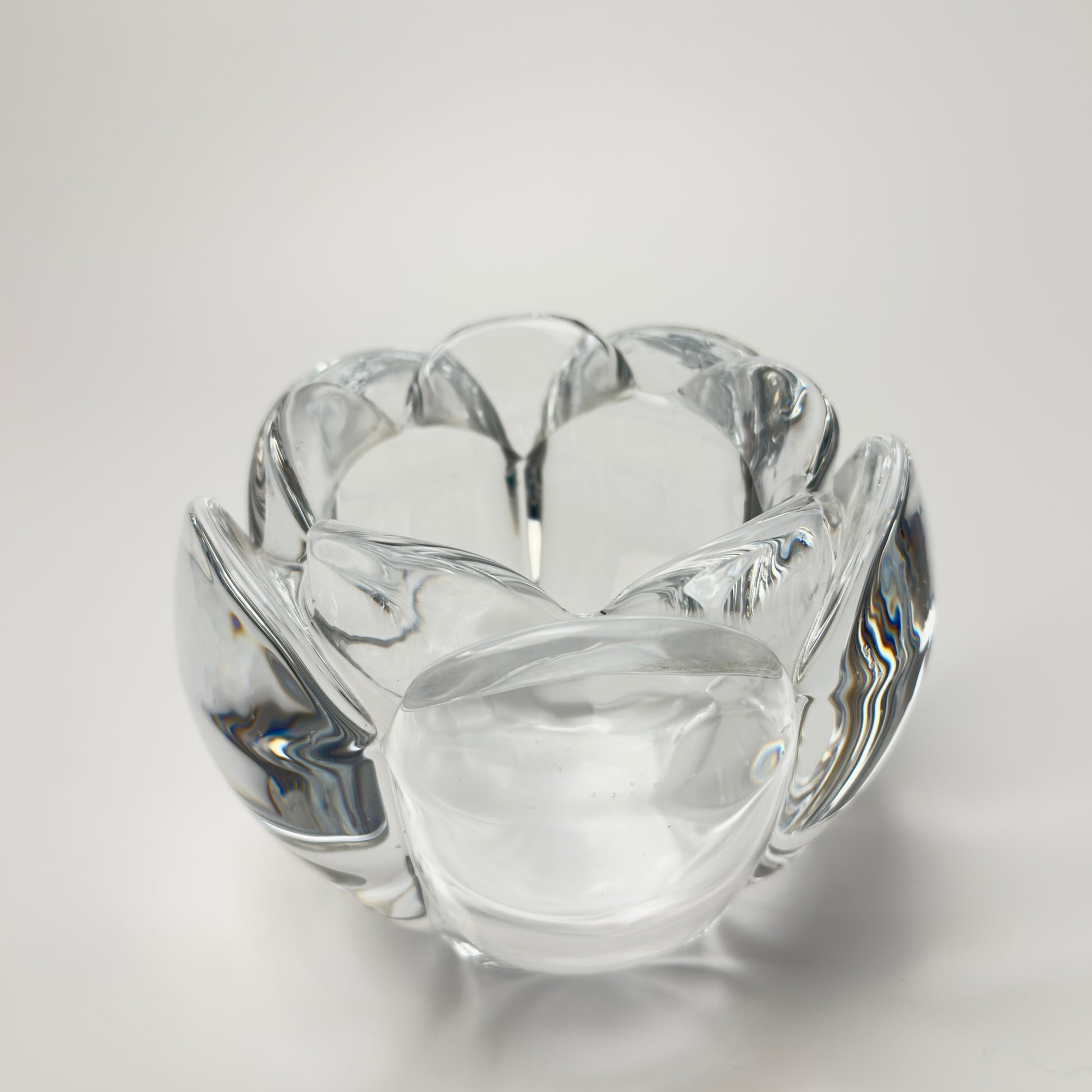 Holmegaard lotus lysestage i klart tungt glas – vintage dansk glasdesign