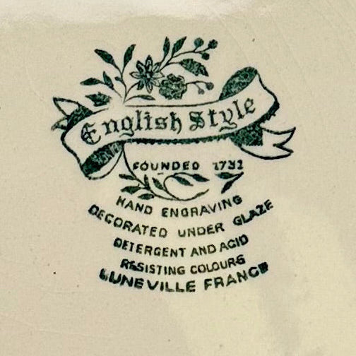 Fransk fajancetallerken – blå/hvid “English Style” Lunéville France ca. 1950–70