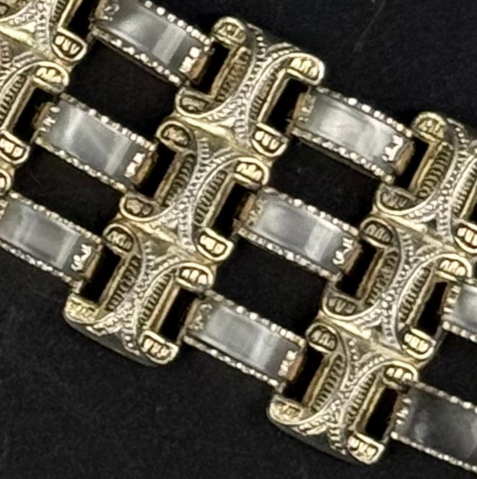 Vintage Toledo Damascene armbånd i gulddublé med perlemor