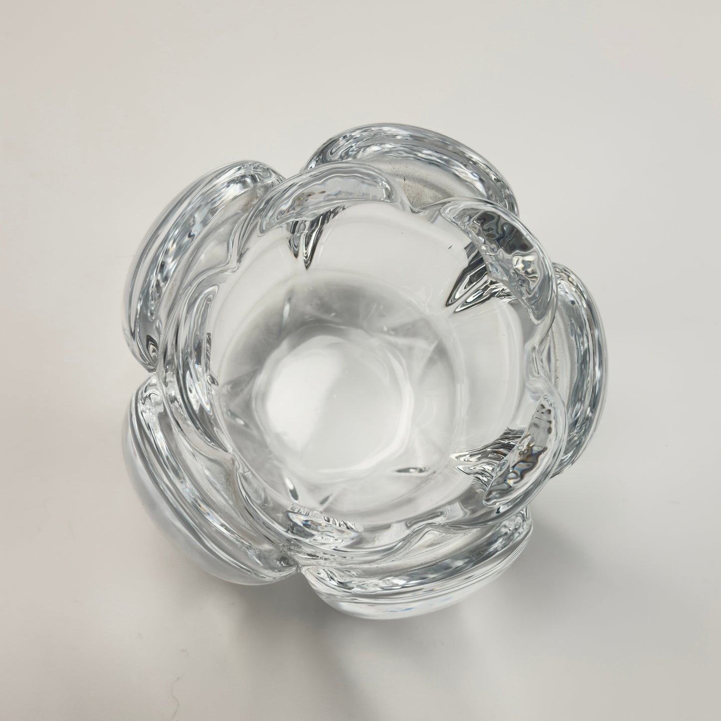 Holmegaard lotus lysestage i klart tungt glas – vintage dansk glasdesign