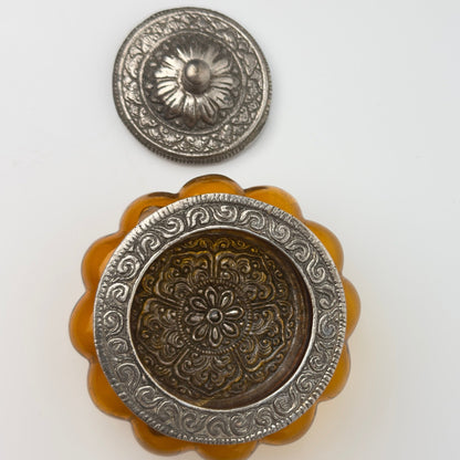 Vintage ravfarvet indisk glaskrukke/smykkeskrib med metallåg – 1970’erne - Frøken Lilly